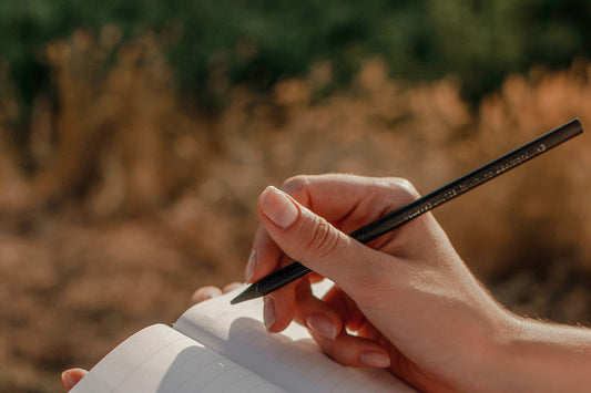 A hand holds a pen atop a notebook in a golden field