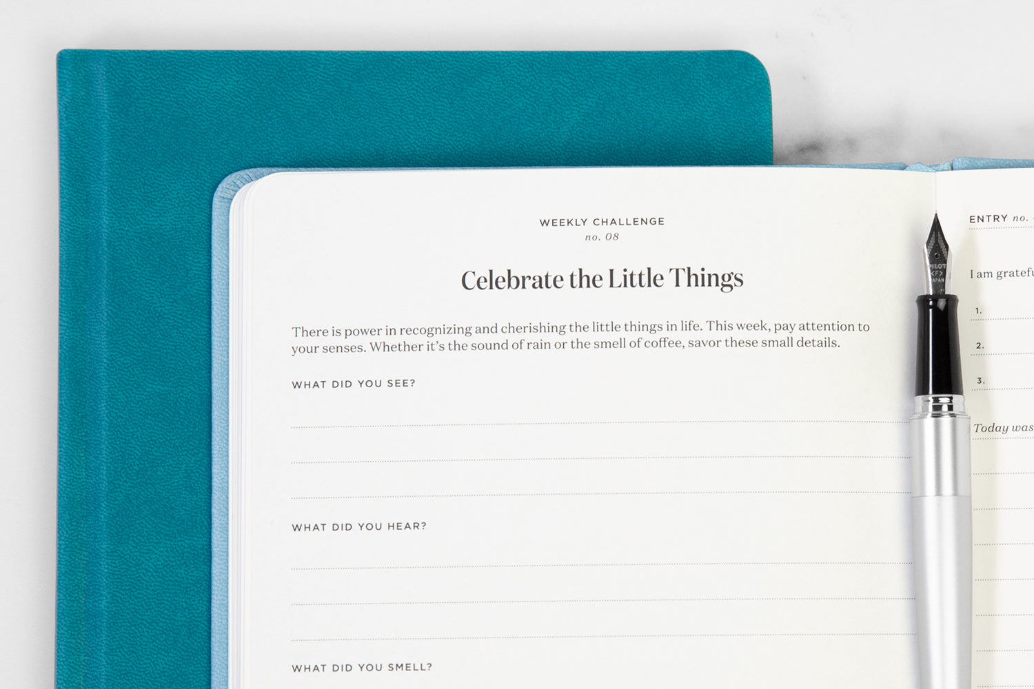 A blue gratitude journal lies underneath an open gratitude journal with the prompt "celebrate the little things" and a silver pen.