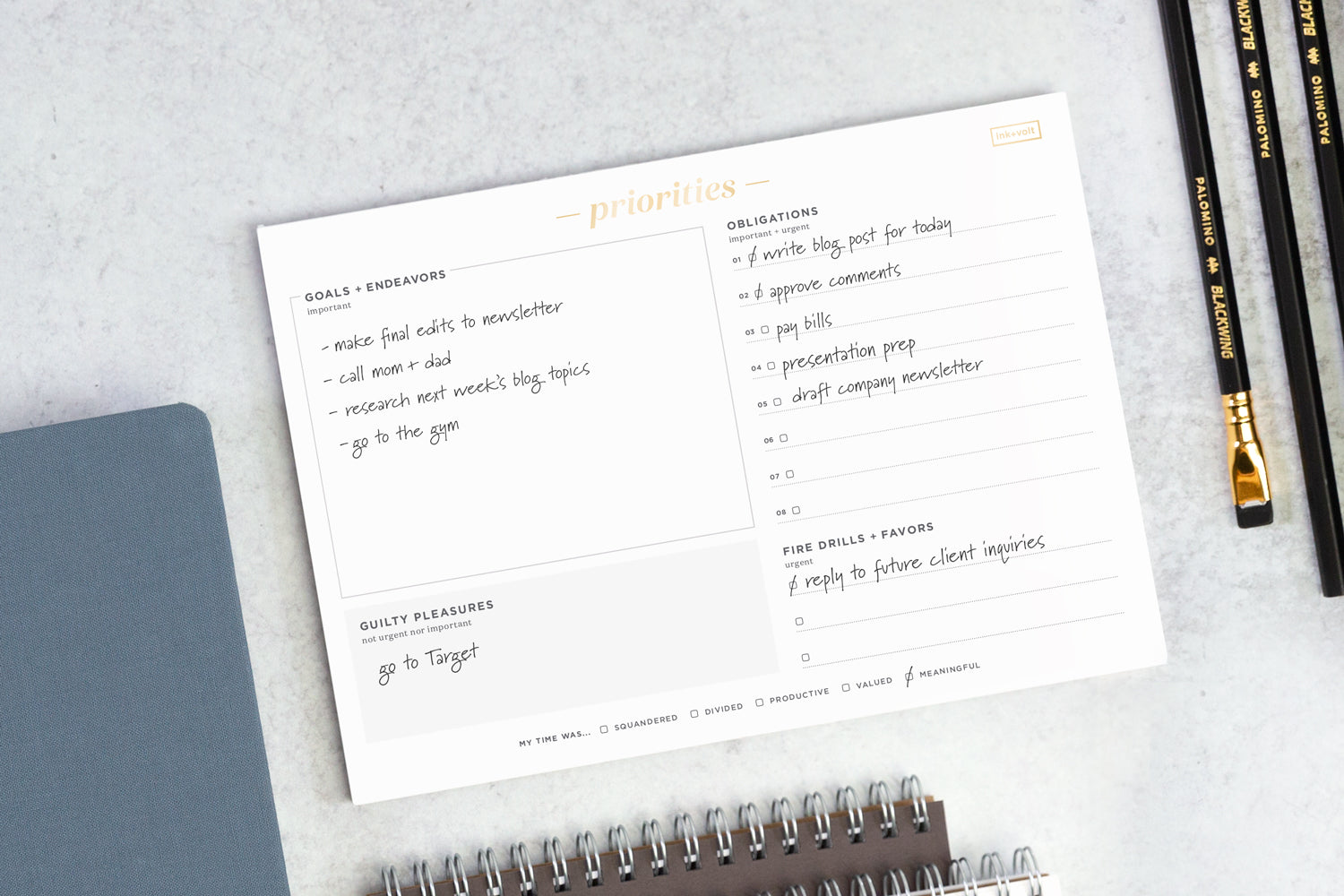 A priority notepad filled out with to-do items
