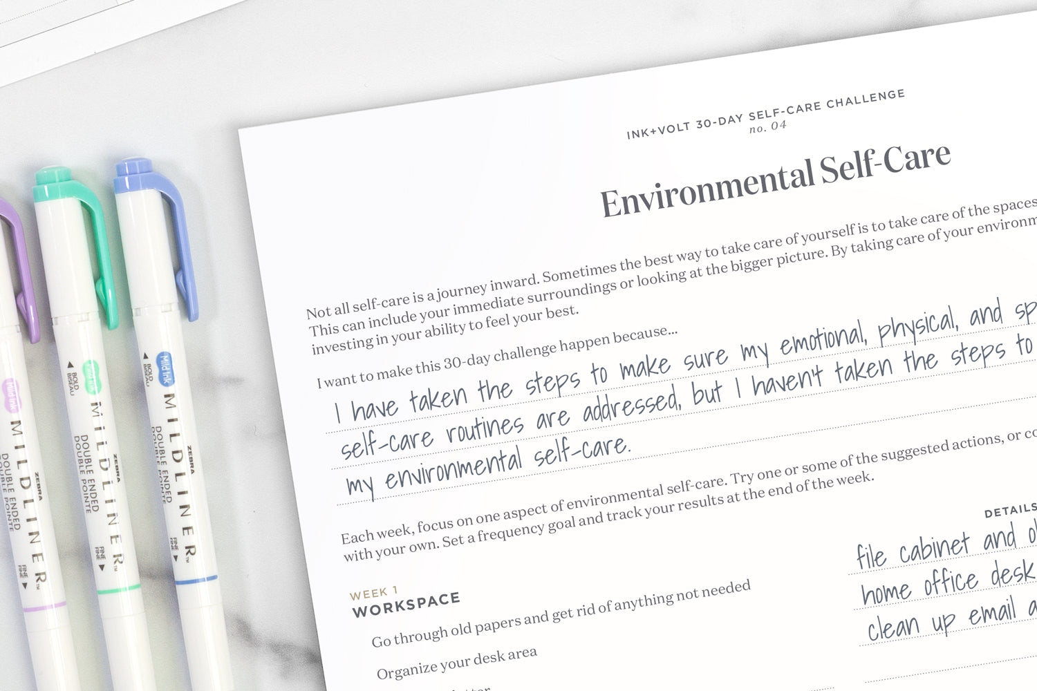 An environmental self-care worksheet on a white table next to three markers