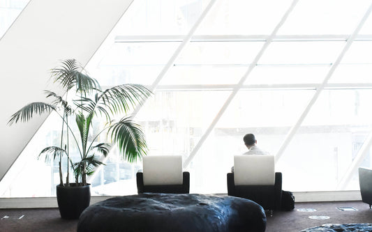 A man sits in a white chair looking out a window