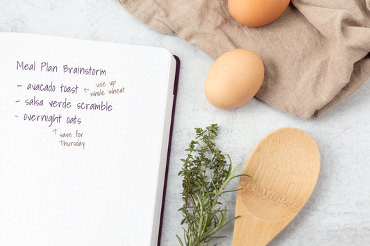 A meal plan list of healthy breakfast ideas written in a notebook, next to some eggs, herbs, and a wooden spoon.