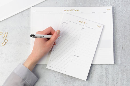 A woman's hand holding a pen while writing on two goal-planning notepads.