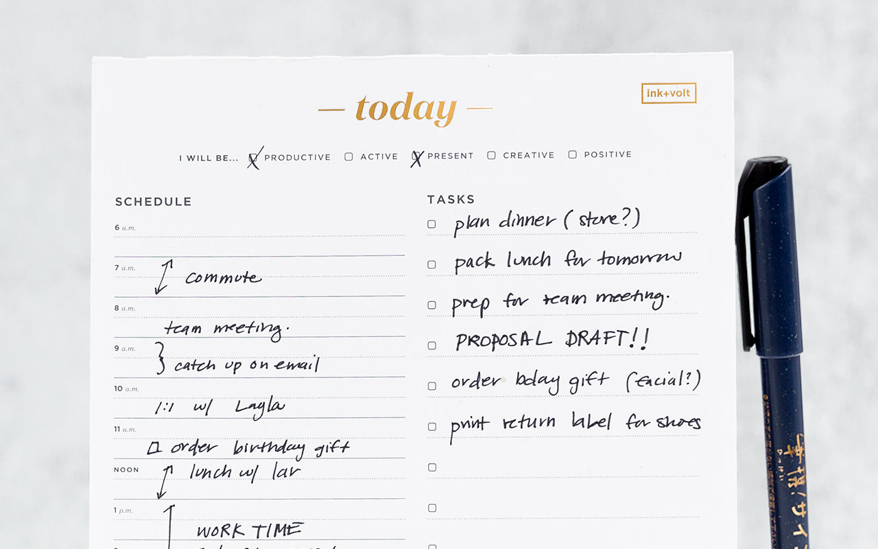 An Ink+Volt Today Pad is filled out with tasks and a schedule for a busy day.