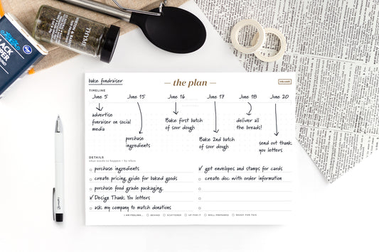 A time management planning notepad filled out with a project timeline.