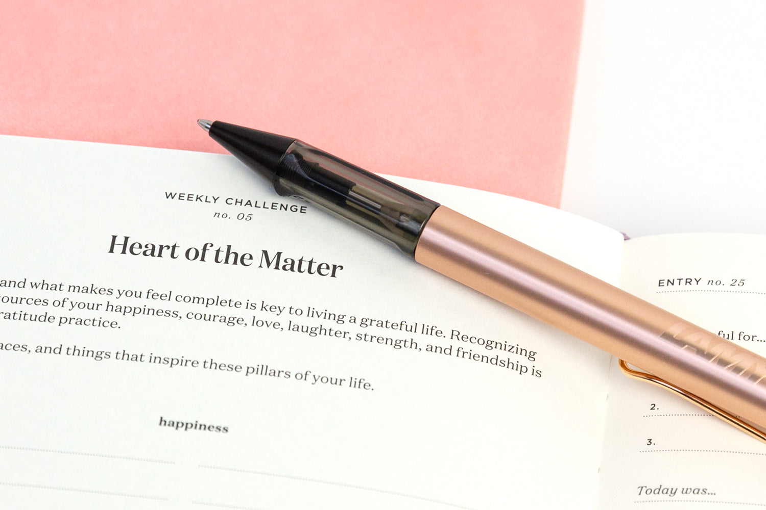 A notebook open to a page that says "Heart of the Matter" and a pink and black pen lies on top.