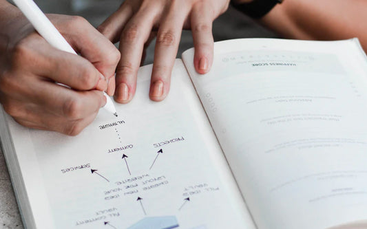 A woman sets weekly goals in a planner by drawing out a visual timeline of steps.