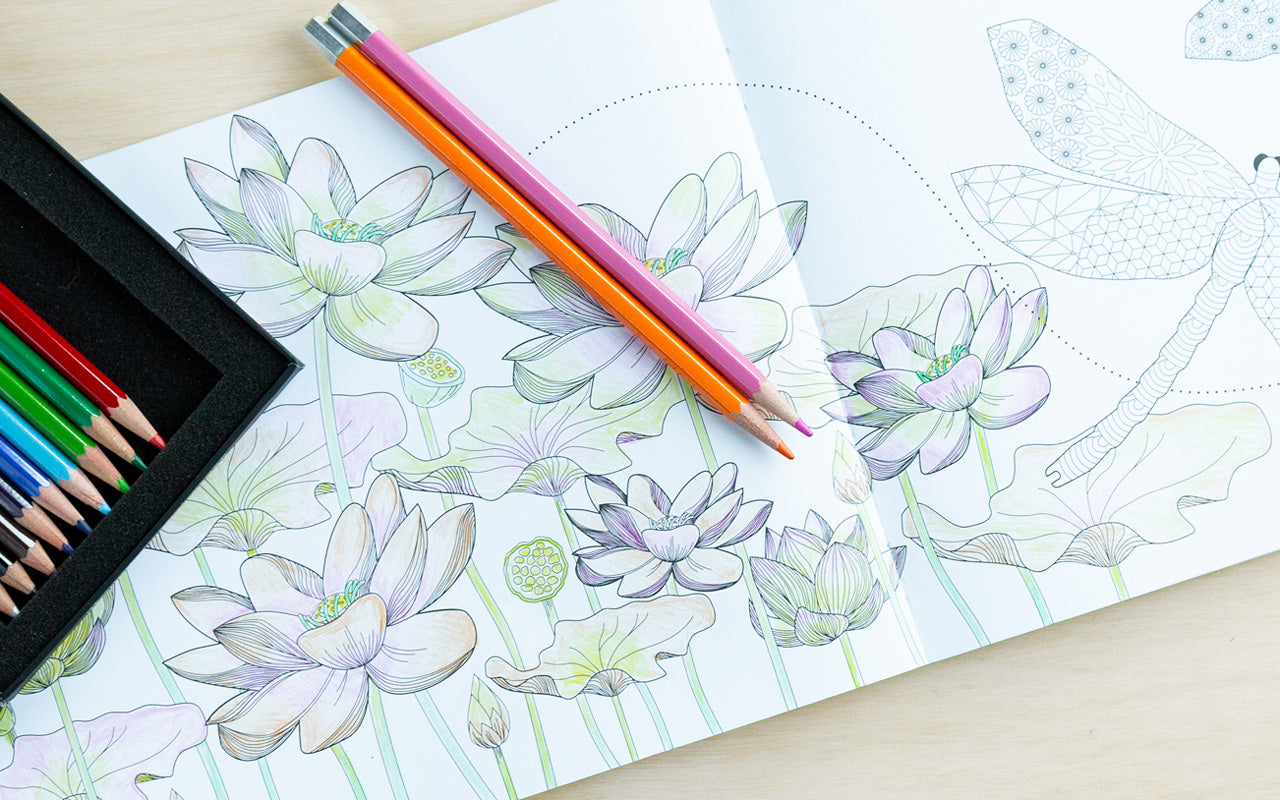 A coloring book page is colored in with colored pencil