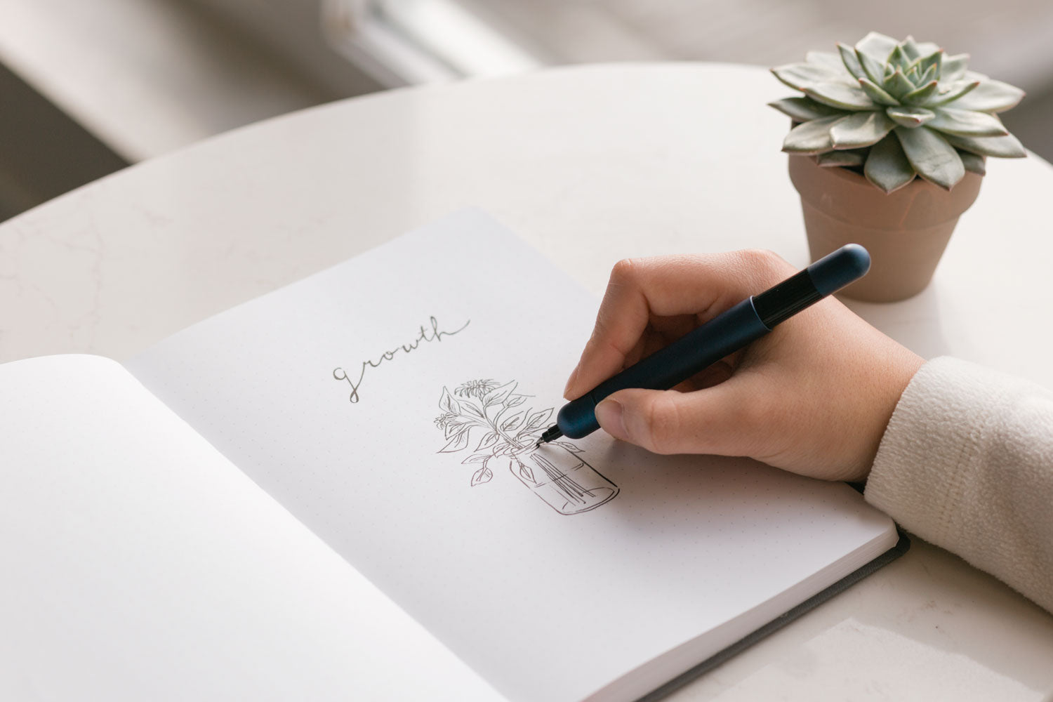 A woman's hand holding a Lamy ballpoint pen draws a sketch in a notebook next to a small succulent plant.