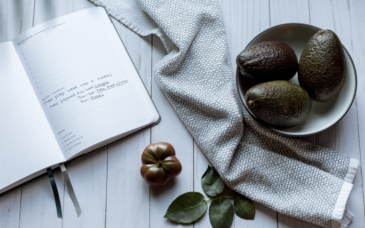 A bowl of avocados sits next to a planner with meal planning ideas written in it.