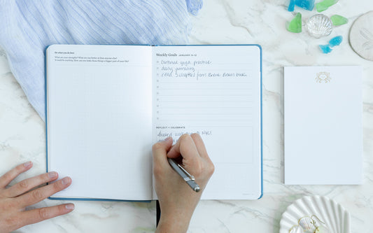 A planner lays open on a table and someone is writing in it