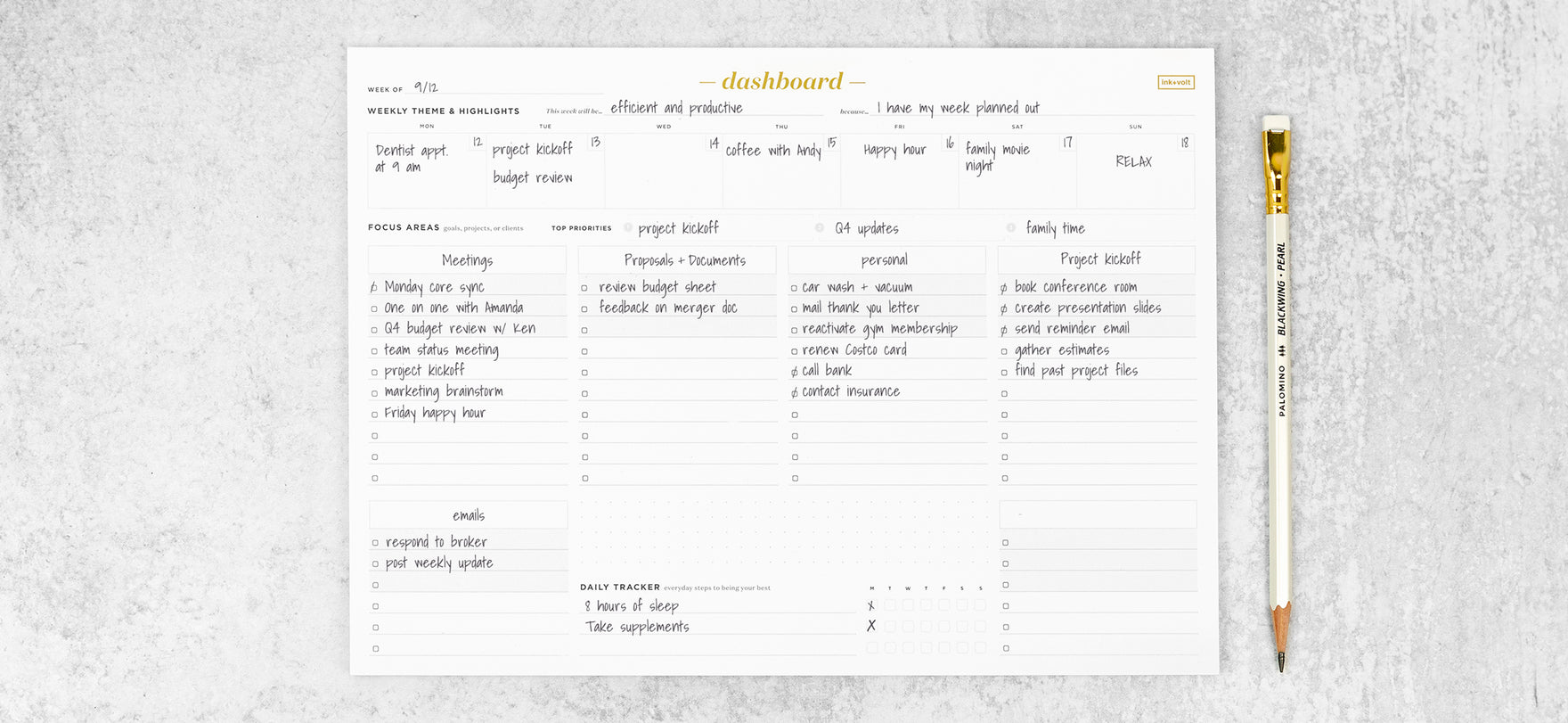 A dashboard deskpad filled out with many projects and tasks