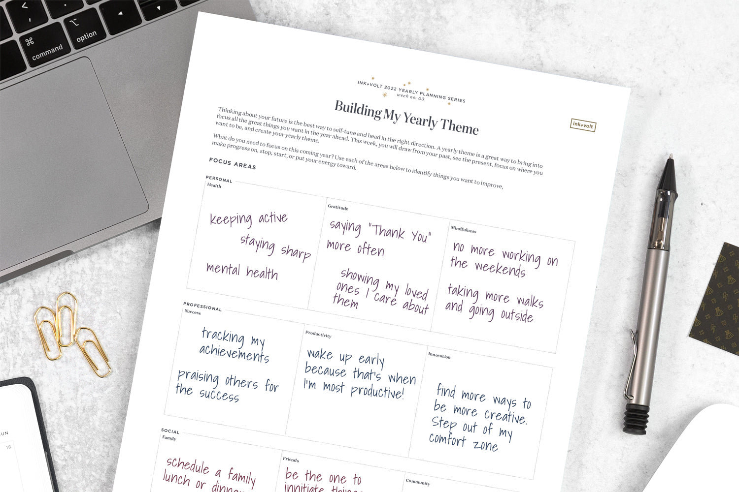 The Ink+Volt Yearly Planning Series Week 3 Worksheet sits on a desk with a notepad, a pen, and a computer.