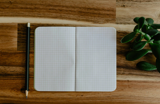 A notebook sits open on a wood table next to a black pen and a green plant