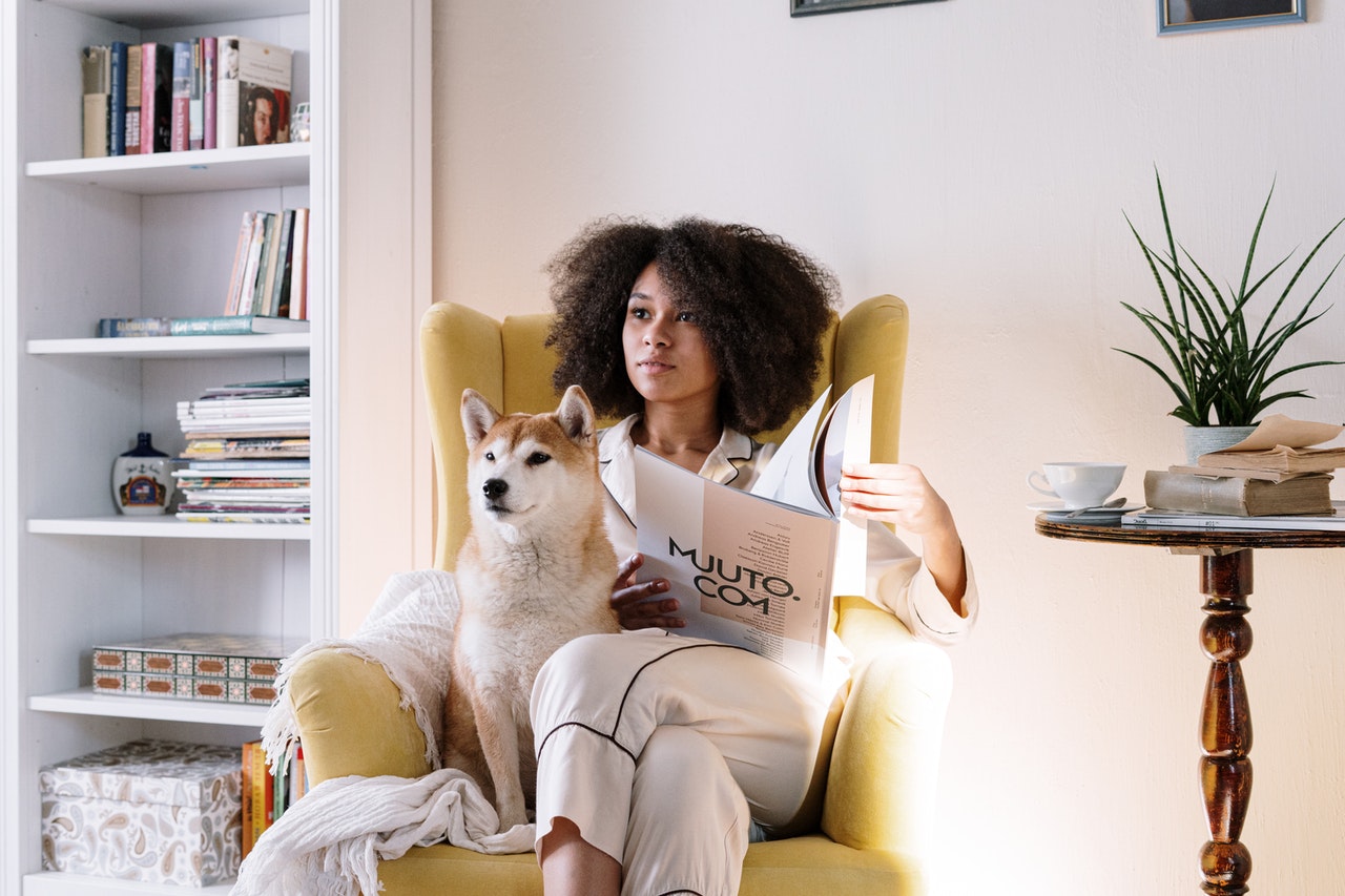 A woman sits in a yellow armchair in the sunshine, reading a newspaper, with a cute dog.