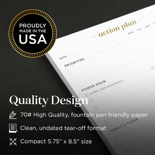 Action plan document with 'Proudly Made in the USA' badge on a black background