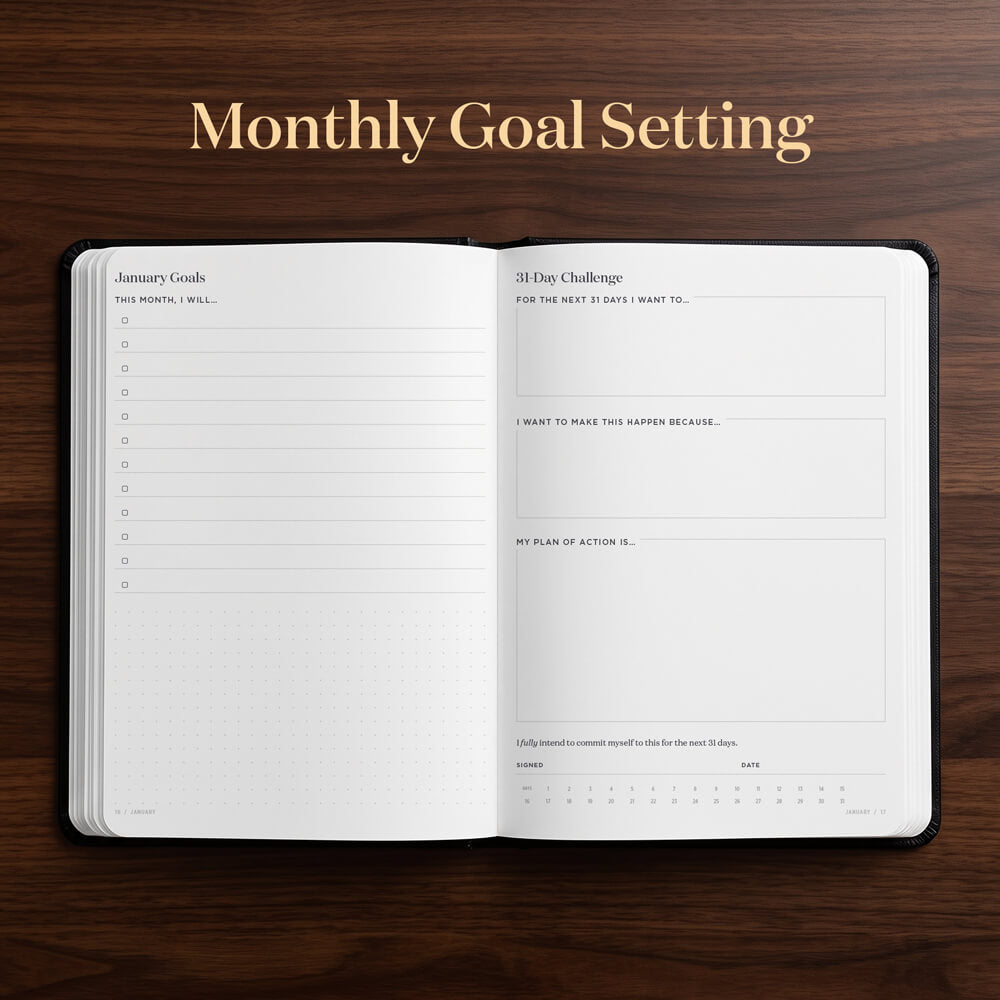 An open planner or notebook with monthly goal-setting pages displayed on a dark wood background, with the text 'Monthly Goal Setting' above it.