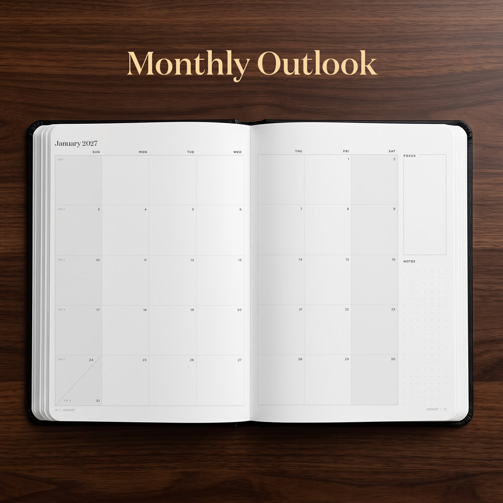 An open monthly outlook planner on a dark wood background, with the text 'Monthly Outlook' written above it. The pages are white with a minimalist grid layout for January 2027.