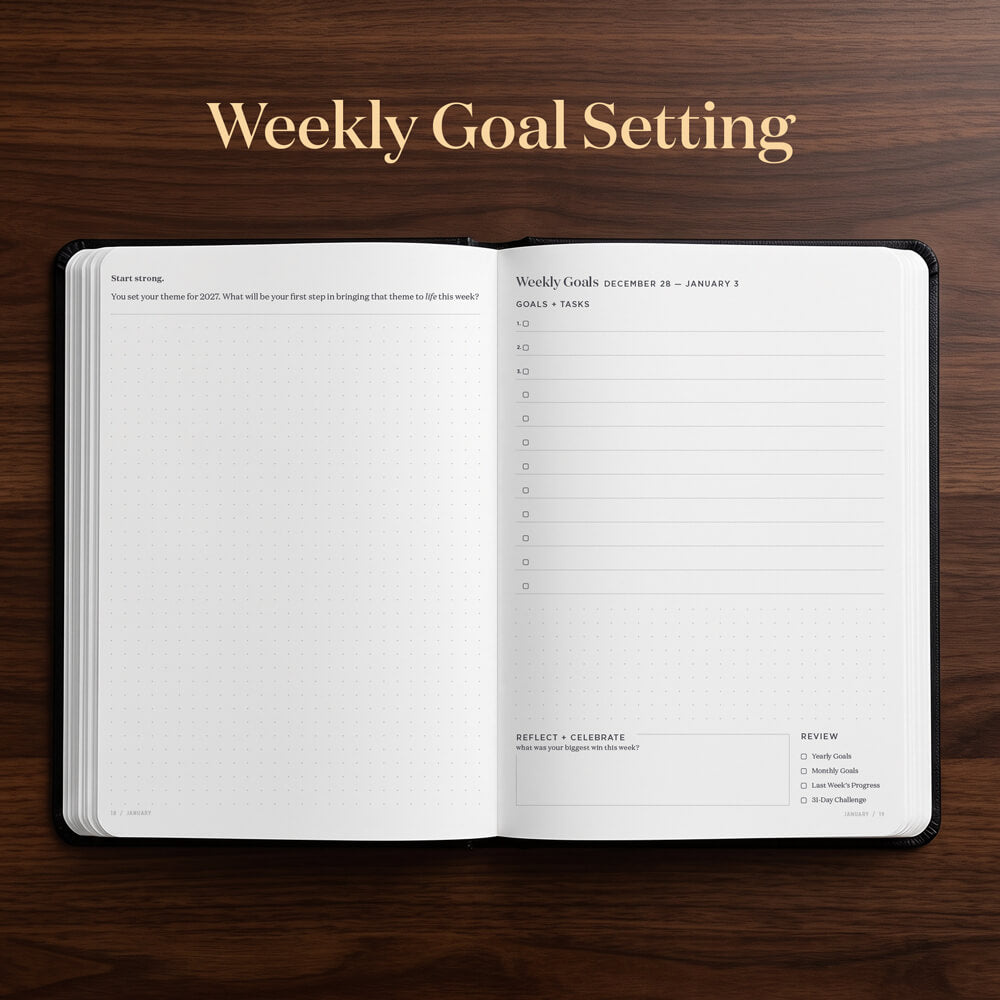 An open weekly goal-setting planner or notebook lies on a dark wood background, with the words 'Weekly Goal Setting' printed above it. The pages are white with black text and lined sections for goal tracking.