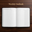 An open weekly outlook planner spread on a dark wood background, with the words 'Weekly Outlook' printed above in gold.