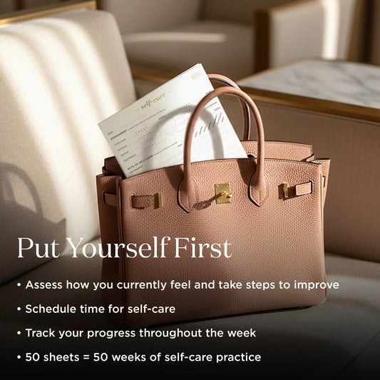 Brown handbag with a self-care sheet on a couch, with text encouraging self-care.