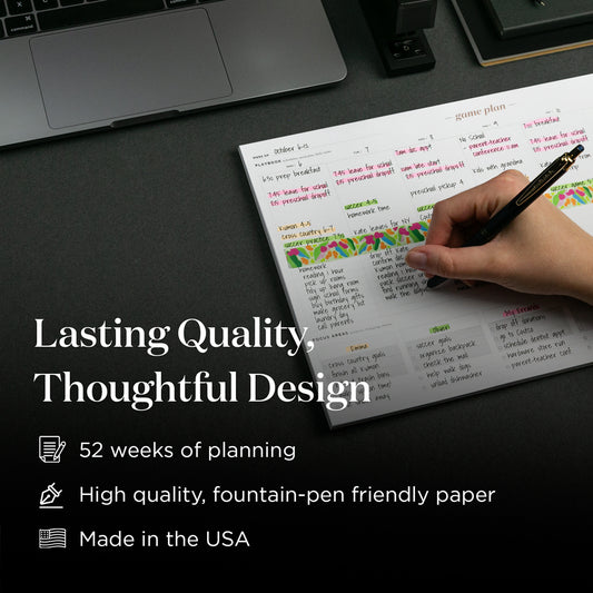 Person writing in a planner with text about lasting quality and thoughtful design.