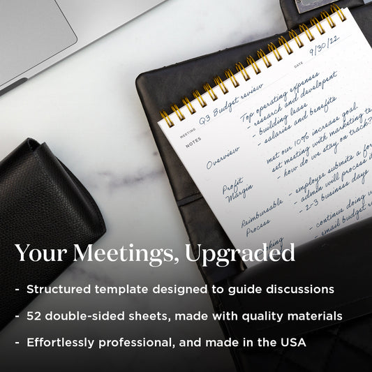 Notebook with writing on a desk with text overlay about meeting templates.