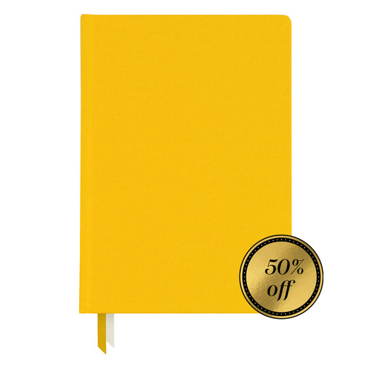 Yellow notebook with a 50% off badge on a white background