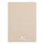 Beige notebook with a brand logo on a black background