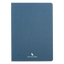 Blue notebook with a white logo on a black background