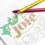 Coloring book page with decorative text and flowers, featuring a gold pen.
