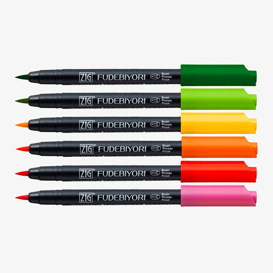 Fudebiyori Brush Pen Assorted Color 12-pack Pink, Red, Orange, Yellow, Light Green, Green