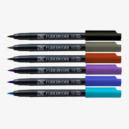 Fudebiyori Brush Pen Assorted Color 12-pack Cobalt, Blue, Violet, Brown, Grey, Black