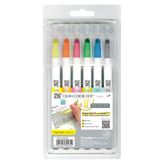 Kuretake Clean Color Dot Single Tip - Assorted 6-Pack