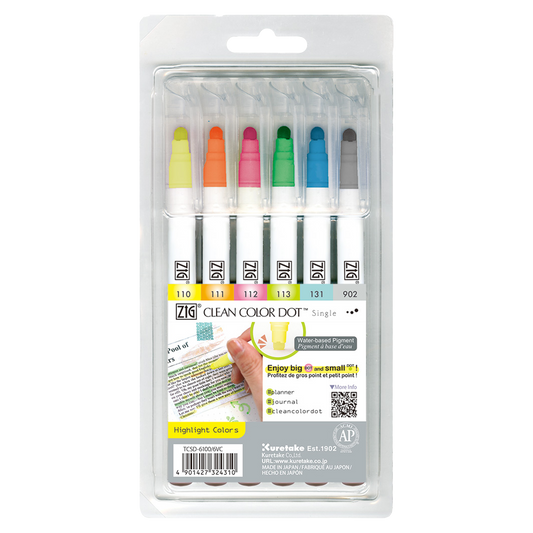 ZIG Clean Color DOT Single-Ended Highlight Colors Set of 6
