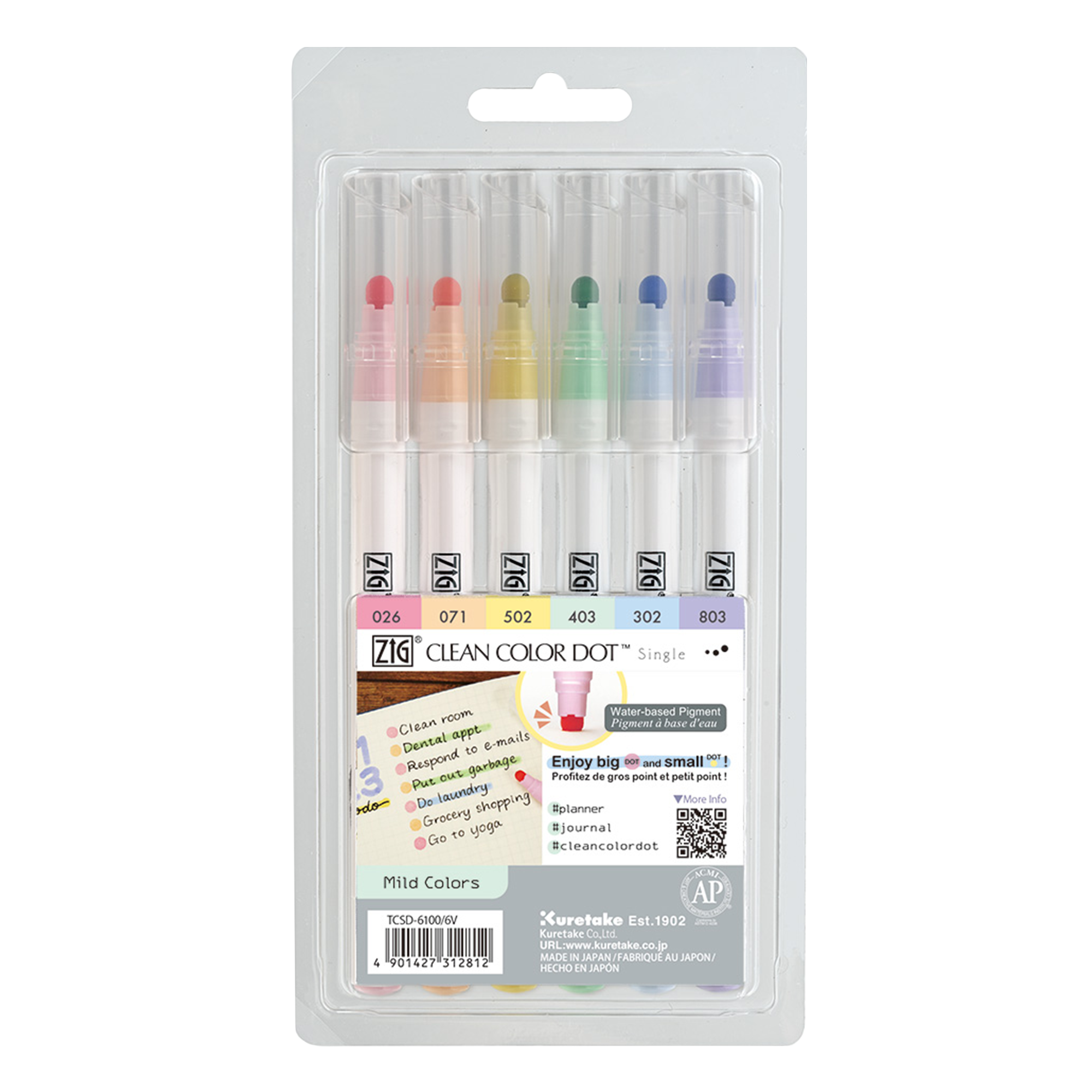 Kuretake ZIG Clean Color Dot Marker Single Mild - 6 Color Set