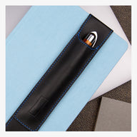 Quiver Pen Holder black leather with blue sticking context
